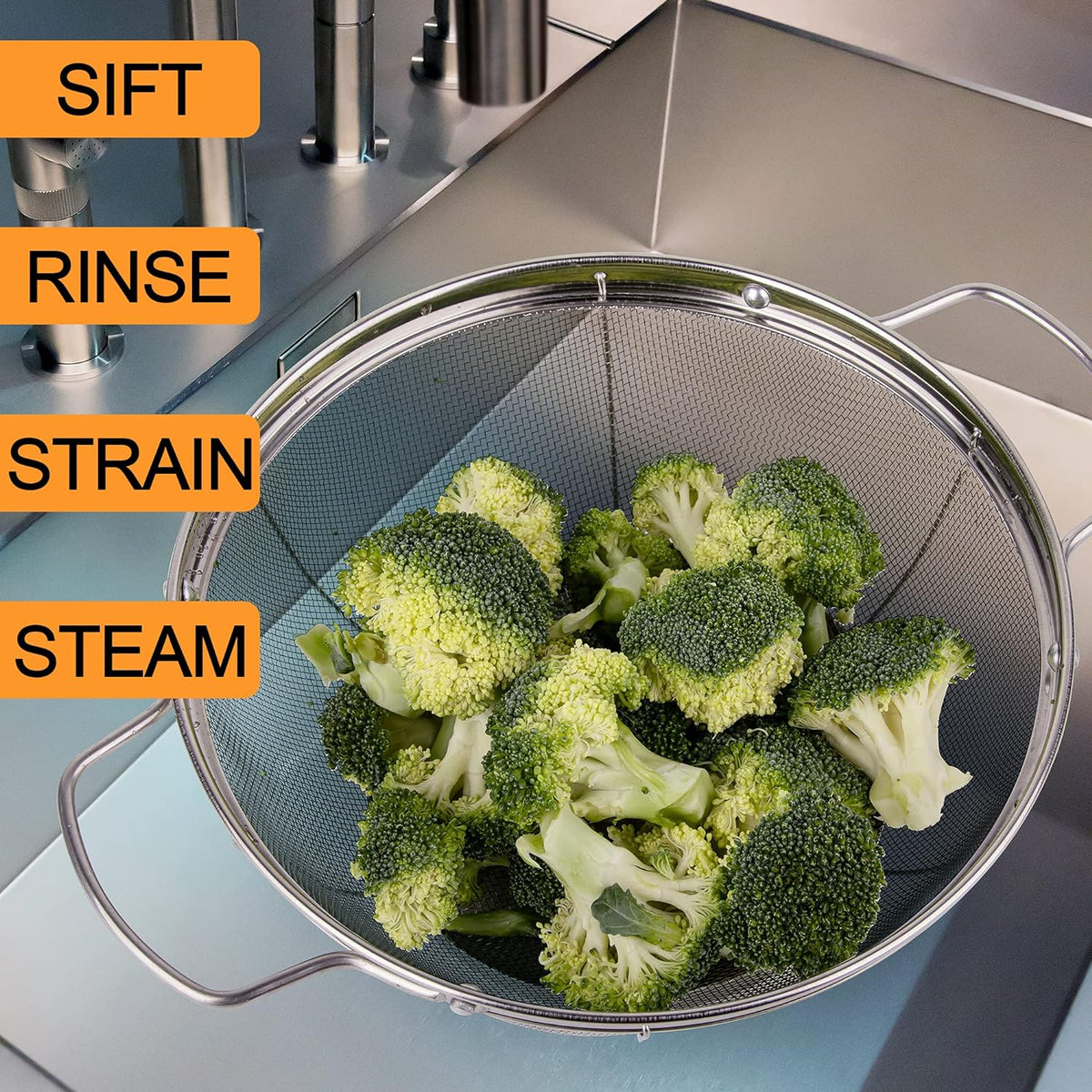 5 Pack 18/8 Stainless Steel Colander Sieves, Multi Size Mesh Strainer Net Baskets with Handles & Resting Base for Strain, Drain, Rinse or Steam
