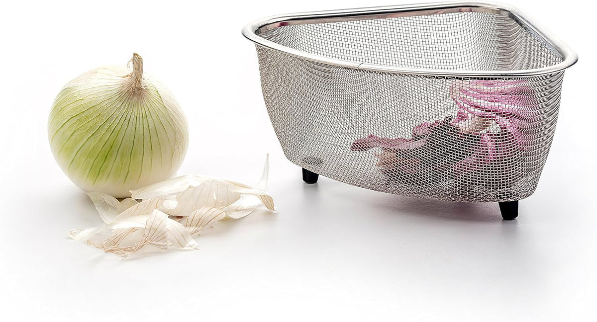 RSVP International Endurance® In-Sink Mesh Colander Strainer Basket, 3 Quart | Organize Sponges, Collect Food Scraps | Dishwasher Safe | Small Corner Basket | Steaming, Draining & Rinsing