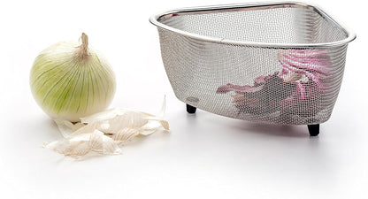 RSVP International Endurance® In-Sink Mesh Colander Strainer Basket, 3 Quart | Organize Sponges, Collect Food Scraps | Dishwasher Safe | Small Corner Basket | Steaming, Draining & Rinsing