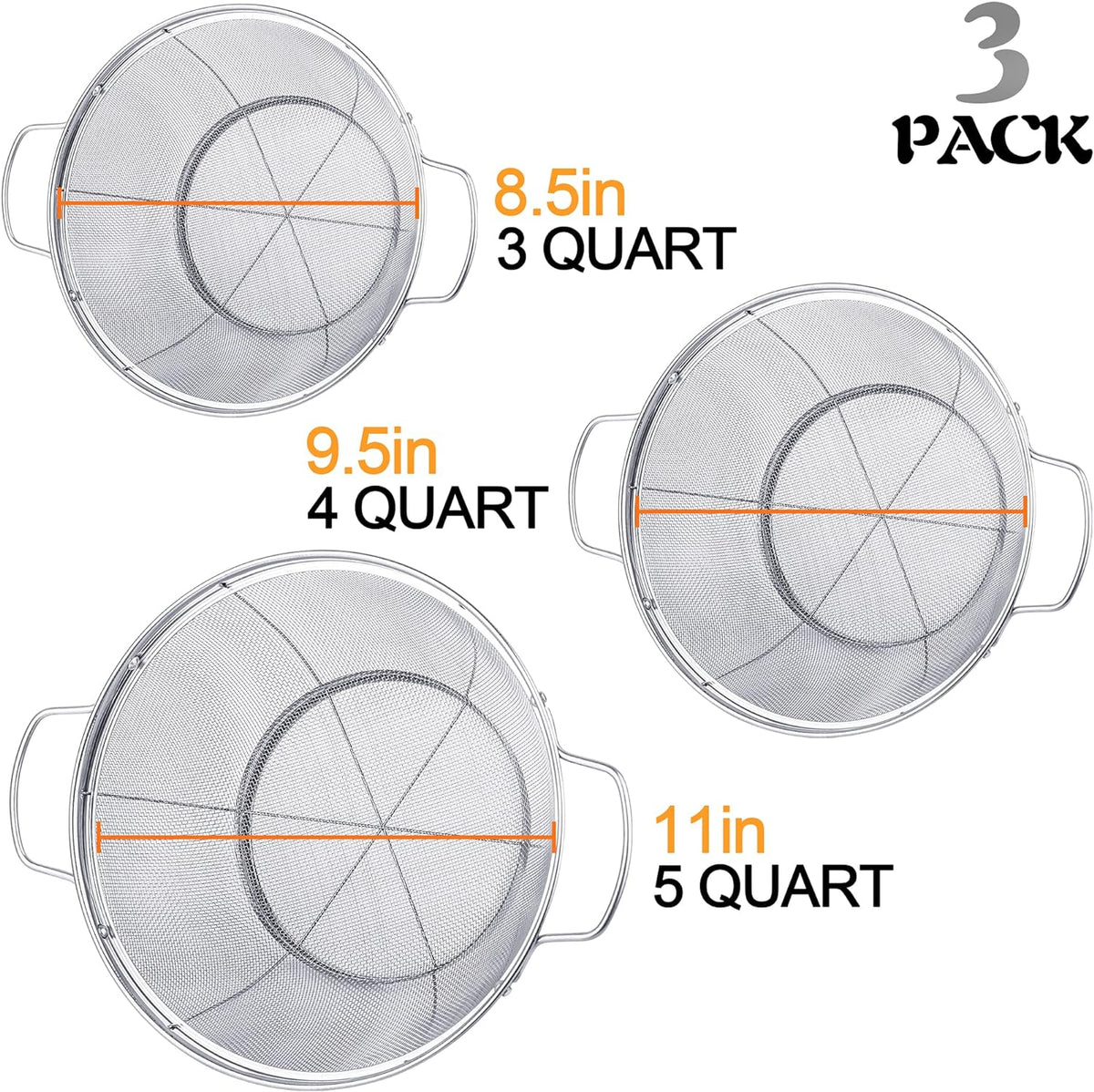 3 Pack 18/8 Stainless Steel Colander Sieves(5-Quart, 4-Quart and 3-Quart), Mesh Strainer Net Baskets with Handles & Resting Base for Strain, Drain, Rinse or Steam