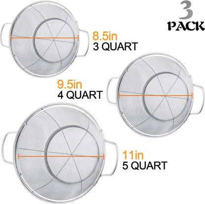 3 Pack 18/8 Stainless Steel Colander Sieves(5-Quart, 4-Quart and 3-Quart), Mesh Strainer Net Baskets with Handles & Resting Base for Strain, Drain, Rinse or Steam