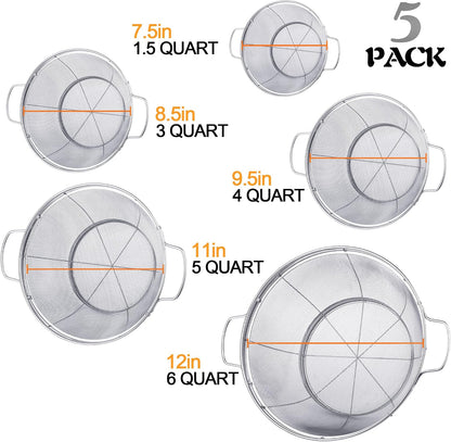 5 Pack 18/8 Stainless Steel Colander Sieves, Multi Size Mesh Strainer Net Baskets with Handles & Resting Base for Strain, Drain, Rinse or Steam