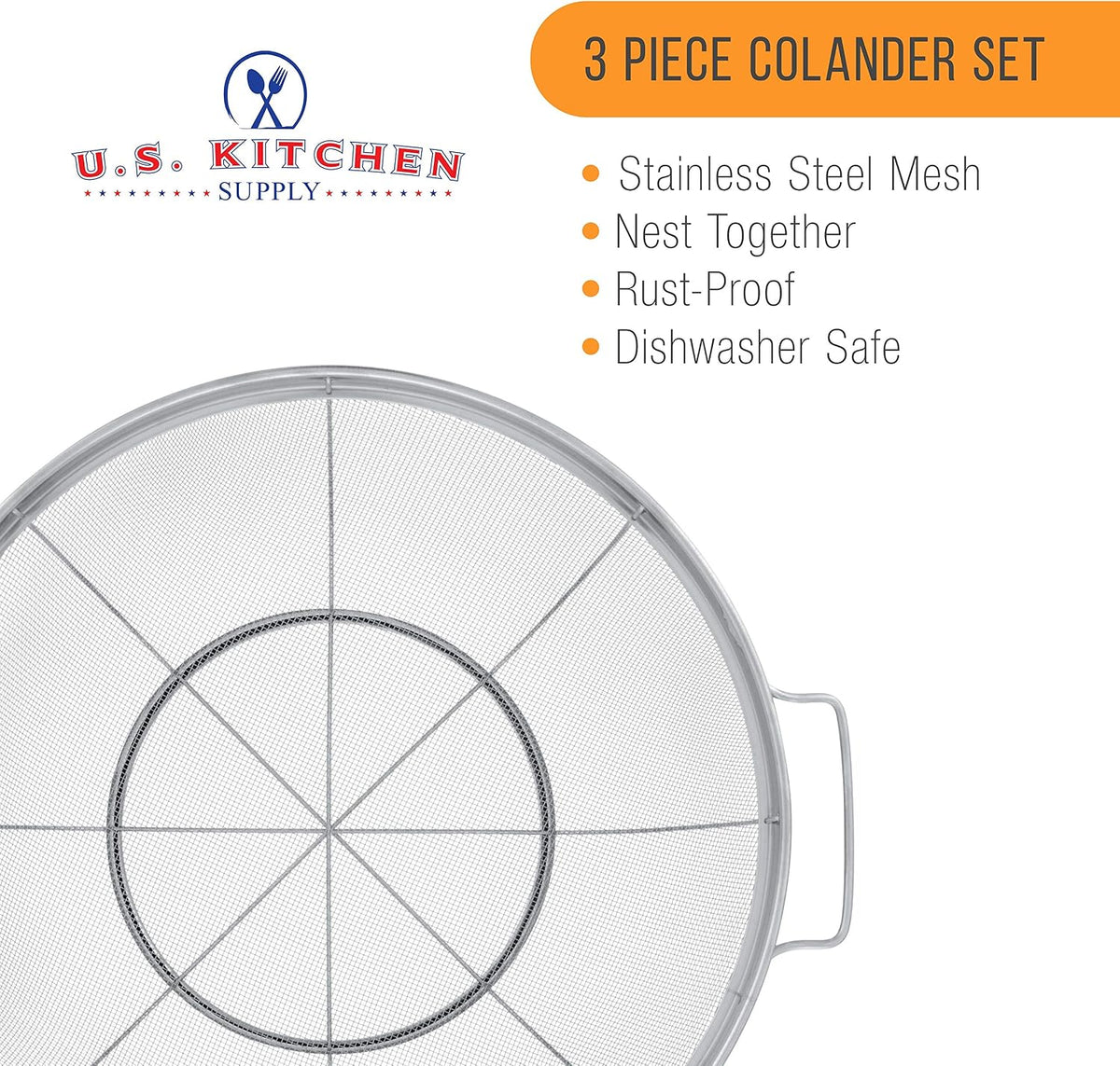 U.S. Kitchen Supply Set of 3 Stainless Steel Colander Strainers Net Baskets 5, 4, & 3-Quart - Colander with Handles & Resting Base - Stainless Steel Sieve, Mesh Strainers and Colanders for Kitchen