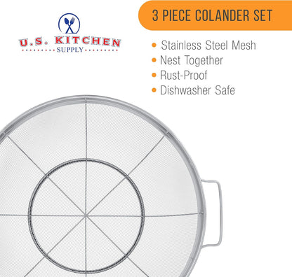 U.S. Kitchen Supply Set of 3 Stainless Steel Colander Strainers Net Baskets 5, 4, & 3-Quart - Colander with Handles & Resting Base - Stainless Steel Sieve, Mesh Strainers and Colanders for Kitchen