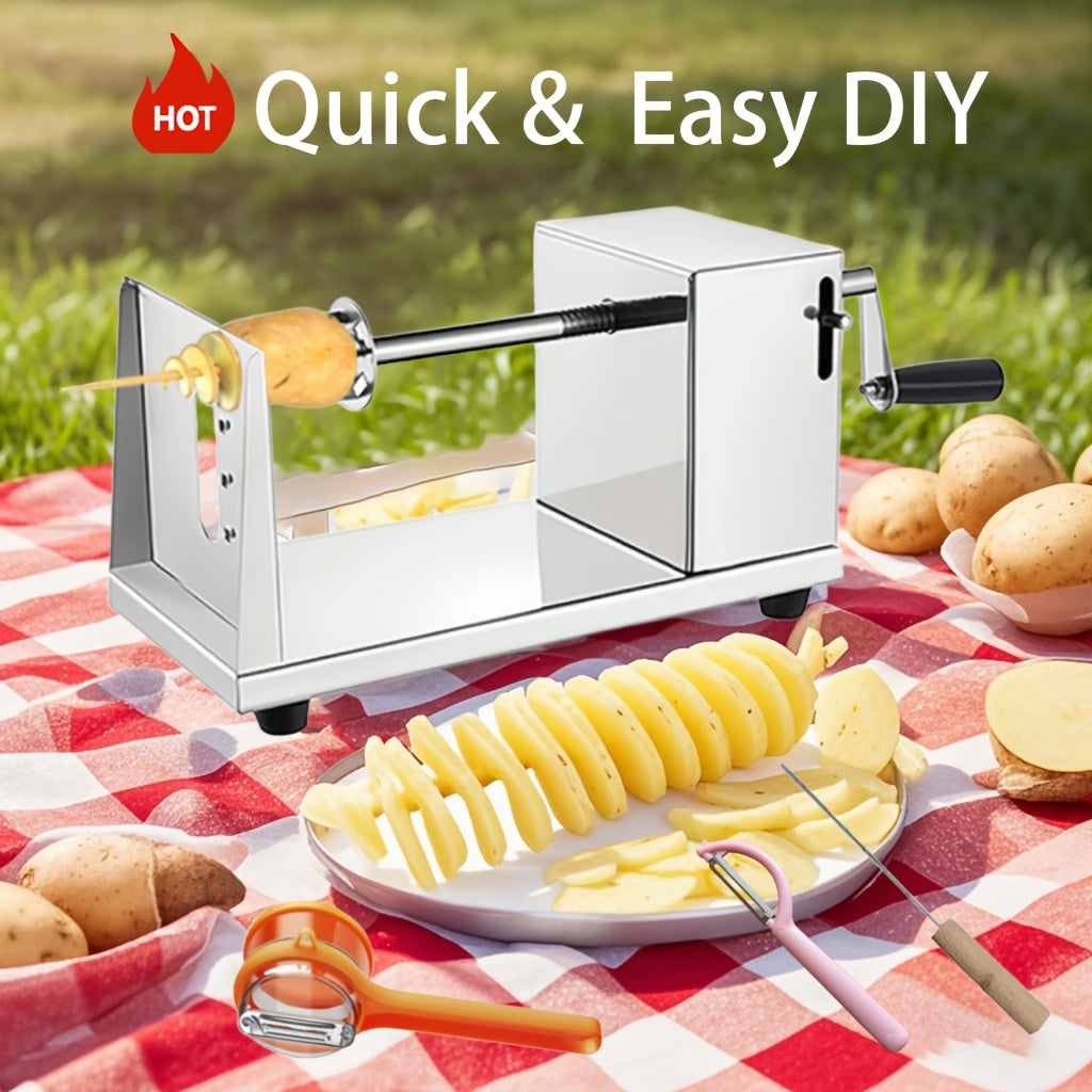6pcs Combination Set Of Tornado Potato Cutter, Manual Potato Slicer, Stainless Steel Fry Cutter Potato Twister, Curly Fry Cutter Manual Crank 4-in-1 (also Includes 2 Blades, 1 Retractable Peeler, 1 2-in-1 Double-headed Peeler, 1 Skewer)