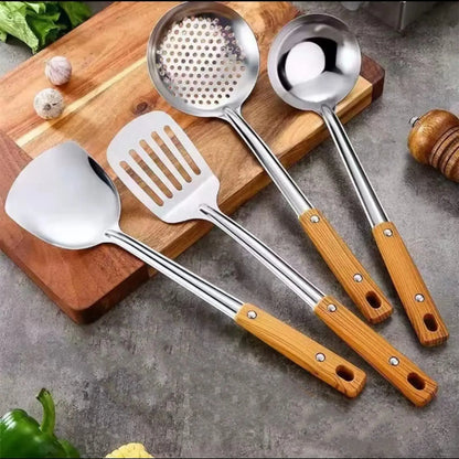4-Piece Brushed Finish 304 Stainless Steel Wok Cooking Tools Set - Safe Cooking Kit with Hanging Hole, Wooden Anti-Scald Protection Handles, Spatula, Soup Ladle, Slotted Spoon, Oil Drainer, Non-Stick Compatible, Spill-Proof for Kitchen Use, Party Gifts