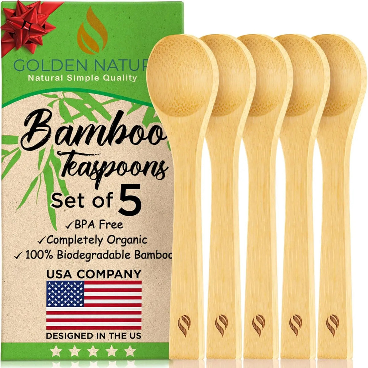 Golden Nature 30-Piece Bamboo Wooden Spoon Set - Mini Scoop, Rounded Handle, Flatware Style Stirring Spoons for Sugar, Coffee, Dessert - Lightweight Kitchen Cutlery Utensils