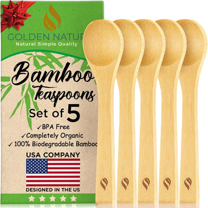 Golden Nature 30-Piece Bamboo Wooden Spoon Set - Mini Scoop, Rounded Handle, Flatware Style Stirring Spoons for Sugar, Coffee, Dessert - Lightweight Kitchen Cutlery Utensils