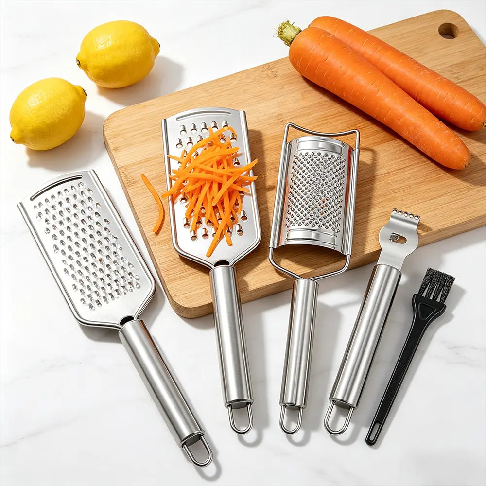 5PCS Stainless Steel Cheese Grater Set, Kitchen Grater & Peeler & Slicer, Lemon Zester with Cleaning Brush for Vegetable, Fruit, Chocolate