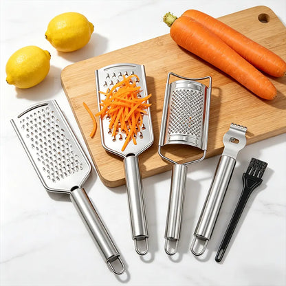 5PCS Stainless Steel Cheese Grater Set, Kitchen Grater & Peeler & Slicer, Lemon Zester with Cleaning Brush for Vegetable, Fruit, Chocolate
