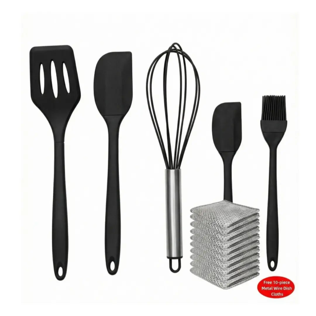 5-Piece Food-Grade Silicone Kitchen Bakeware Combo Set - Spatula, Leak-Proof Scraper, Egg Beater, Brush, Heat-Resistant Stirring Utensils for 4-Hole Pans, Dish-Safe Kitchen Supplies + Free 10-Piece Metal Wire Dish Cloths (Detailed Size Chart Included), Fi