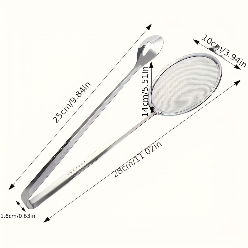 Stainless Steel Kitchen Tongs with a Built-in Strainer Design, Offering Versatile Frying Food Filtration Functionality. This High-temperature Heat-resistant Cooking Tool Is Suitable for Oil Separation and Food Serving. Usable in All 4 Seasons
