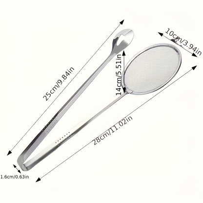 Stainless Steel Kitchen Tongs with a Built-in Strainer Design, Offering Versatile Frying Food Filtration Functionality. This High-temperature Heat-resistant Cooking Tool Is Suitable for Oil Separation and Food Serving. Usable in All 4 Seasons