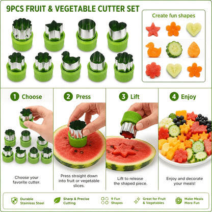 9pcs Fruit Cutter Set, Stainless Steel Fruit Slicer with Shape Molds, Watermelon Cutter, Vegetable Cutting Tools with Star Heart Flower Shapes, Easy Grip Handle, Kitchen Gadgets for Salad, Dessert, Baking and Party Food Decoration