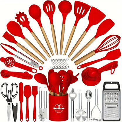 Summerwins 40pc Silicone Kitchen Utensils Set - Durable, Heat-Resistant, Non-Stick Kitchen Cooking Accessories, Black & Gold Heavy-Duty Kitchenware with Nonstick Spatula, Whisk, Grater, Measuring Cups, Cutting Board, Slotted Spoon, Dishwasher Safe