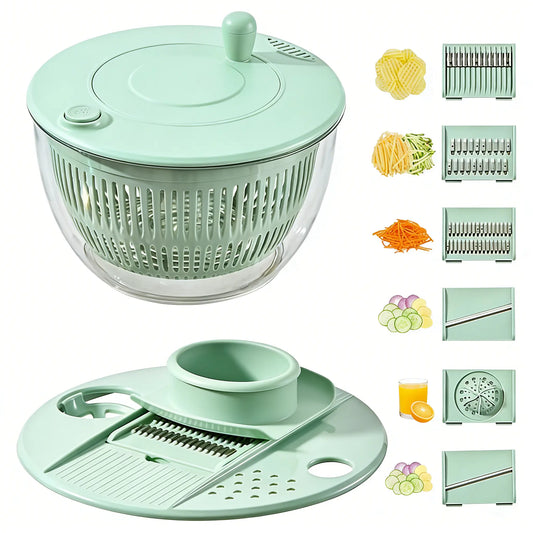 UFORU Plastic 3-in-1 Durable Large Salad Spinner Set - 5.3 Qt Kitchen Bowl with Strainer, Lid, Finger-Safe Blades, Garlic/Ginger Grater, Vegetable Cutting Slicer, Egg Yolk Strainer, Spiralizer, Basket for Family Prep, Juicing