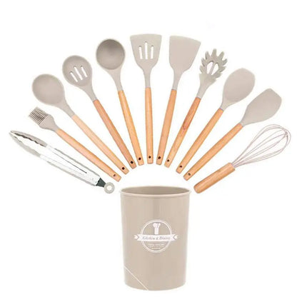 Silicone Kitchen Utensils Set, 12-Piece Non-Stick Cooking Gadgets with Beech Wooden Handle, Spatula Set for Home Use #GLOBAL PICKS