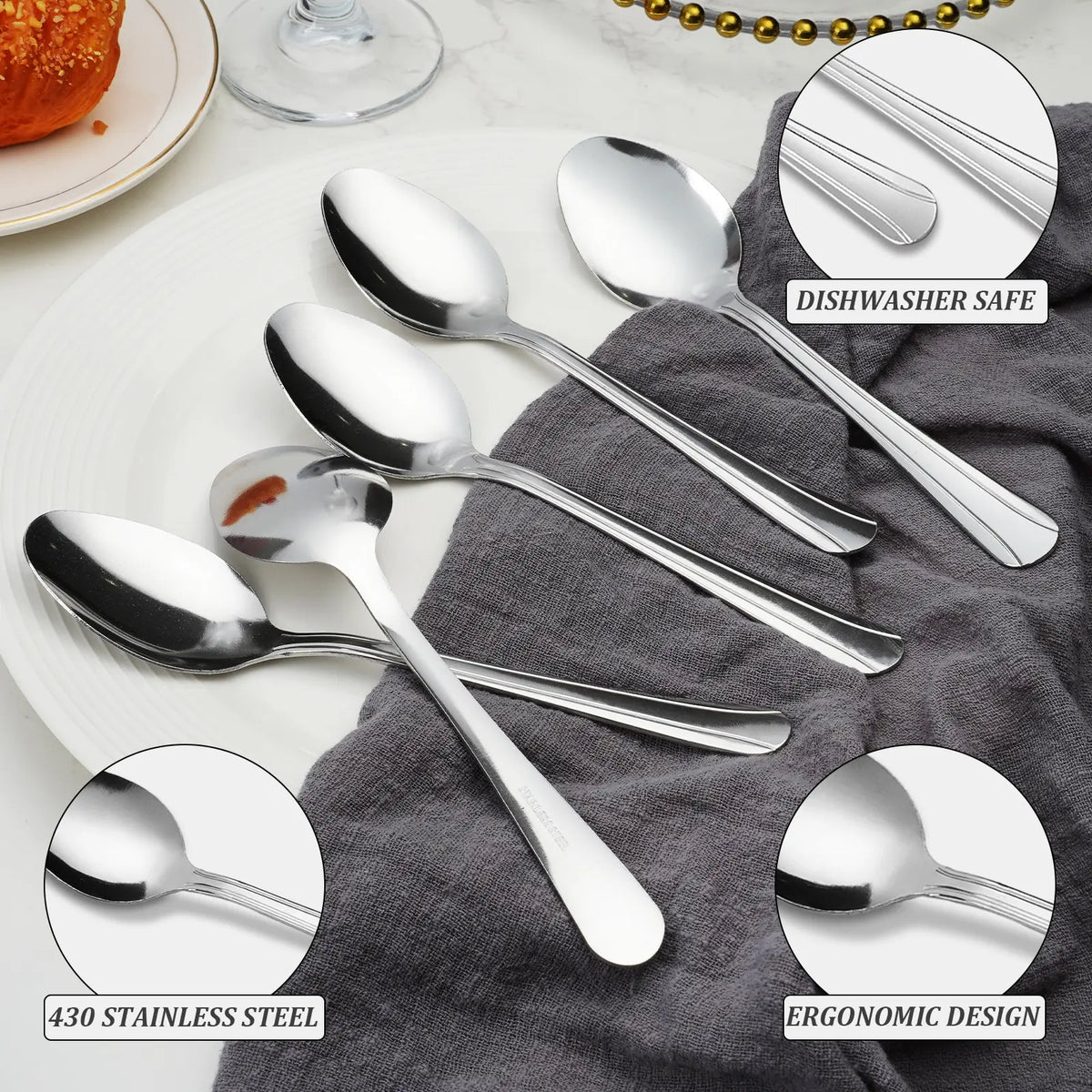 60-Piece Dominion Silver Dinner Spoons Set - Mirror-Shine, Mirror-Polished Stainless Steel, Wear-Resistant, Solid Finish, Dishwasher Safe Cutlery for Halloween, Parties, Special Events, Restaurant Use, Silver Spoons