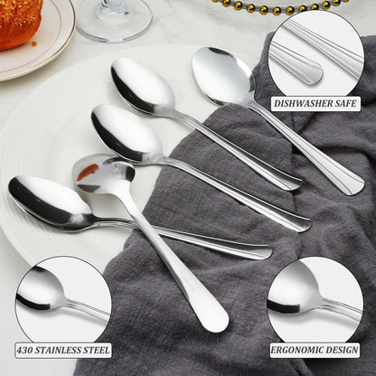 60-Piece Dominion Silver Dinner Spoons Set - Mirror-Shine, Mirror-Polished Stainless Steel, Wear-Resistant, Solid Finish, Dishwasher Safe Cutlery for Halloween, Parties, Special Events, Restaurant Use, Silver Spoons