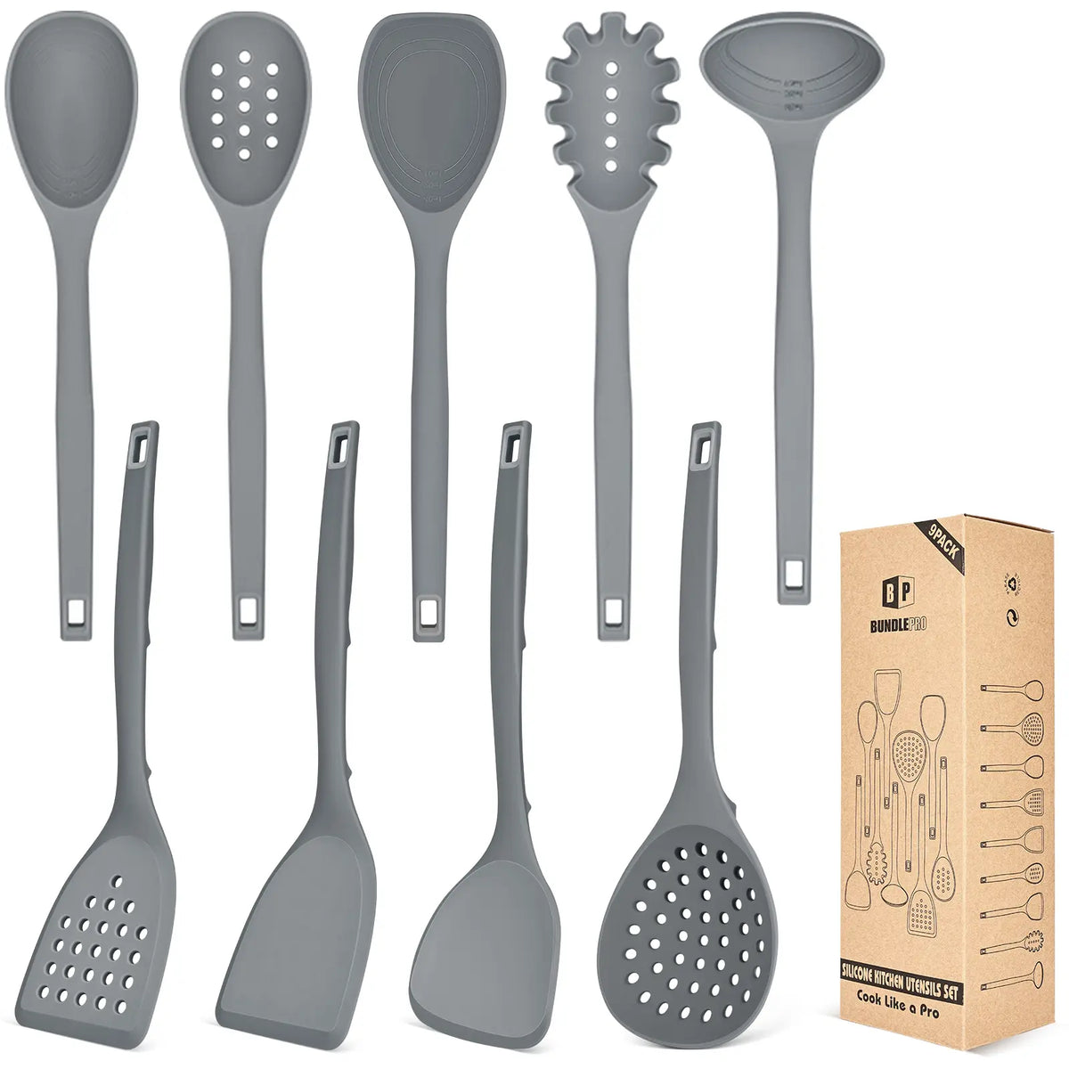 BUNDLEPRO 9-Piece Silicone Cooking Set - Heat Resistant, BPA Free Kitchen Utensils Gadgets with Hanging Back Hooks, Ladle, Spatulas, Spoons, Skimmer, Stirring Tools, Pasta Fork for Non-Stick Cookware