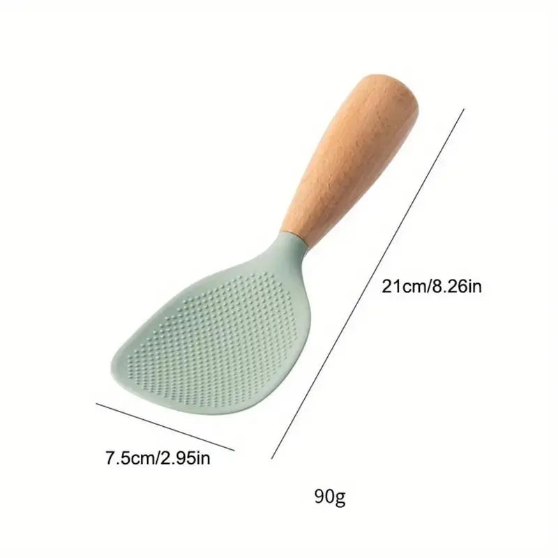 Silicone Spoon with Wooden Handle 1PC Heat-Resistant & Non-Stick Safe Rice Spoon Heat-Insulated Comfort Grip Durable Kitchen Utensil for Home & Restaurant Must-Have Practical Cooking Gadget -RR