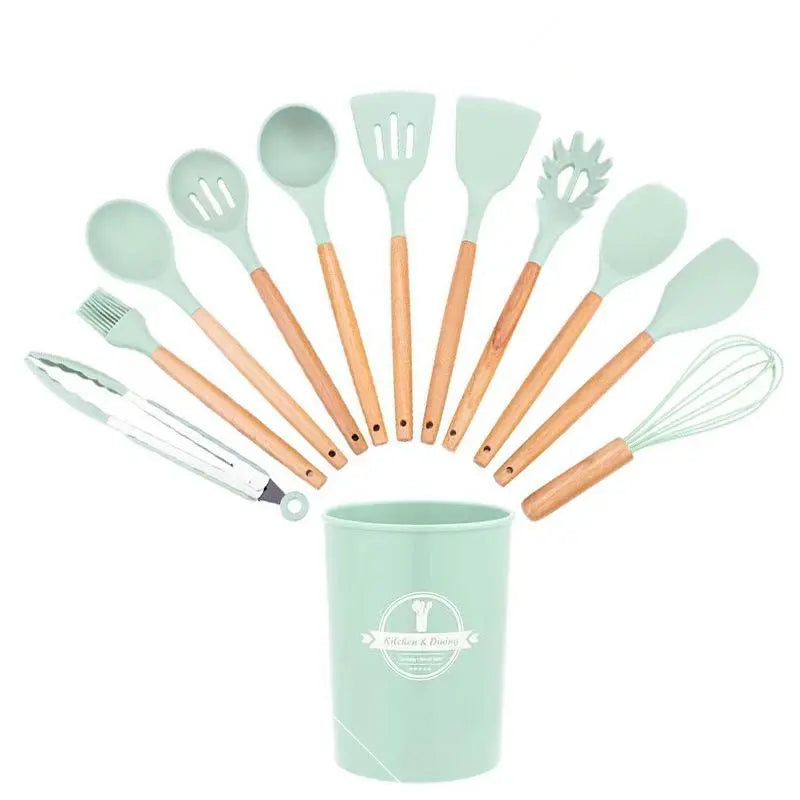 Silicone Kitchen Utensils Set, 12-Piece Non-Stick Cooking Gadgets with Beech Wooden Handle, Spatula Set for Home Use #GLOBAL PICKS