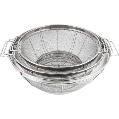 Sturdy 3-Piece Stainless Steel Colander Strainer Set - 5, 4, 3-Quart Steel Mesh Baskets with Handles, Resting Base, Ideal for Cooking Prep (Varied Capacity Kitchen Sieve Utensil)