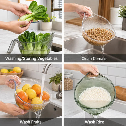 Aesthetic Multifunctional Rice Strainer Basket with Handle - Sturdy BPA-Free Transparent Plastic Kitchen Utensil, Colander for Draining Vegetables, Fruits