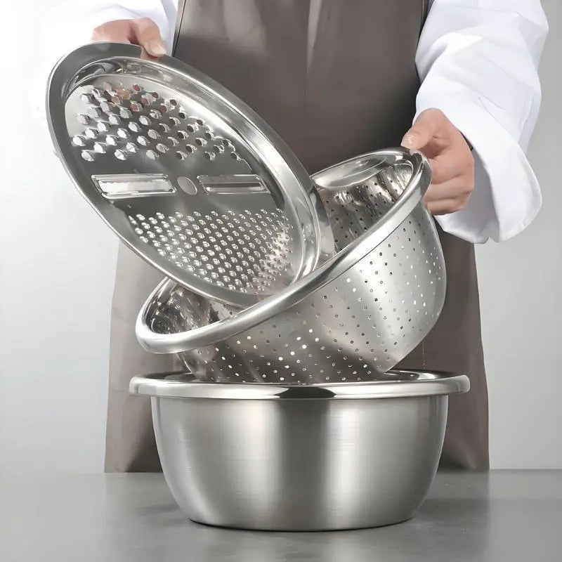 【Homeessentials】 Multifunctional cutting machine,3-In-1 Stainless Steel Multi-Functional Strainer Set, Includes Basin/sieve/cutter, Ideal for Washing Rice Fruits Vegetables Kitchen Essentials.,sohochic