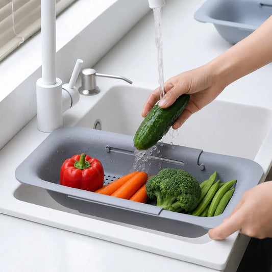 Collapsible Kitchen Colander - Sturdy Pasta Draining Basket with Holes, Sink Strainer, Vegetable Wash Container, Utensil Storage Rack