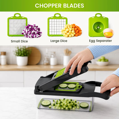 Hand Press Vegetable Chopper with 7 Stainless Steel Blades, Heavy Duty Kitchen Utensil, 1.5L Transparent Lidded Container, Onion Dicer, Mandoline Slicer, Julienne Cutter, Peeler, Grater, Egg Separator - for Chopping Vegetables, Fruits, Garlic, Smooth Prep