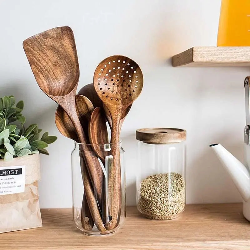 5Pcs Solid Wood Kitchen Utensil Set - Heat-Resistant Ergonomic Wooden Cooking Tools (Spatula, Slotted Turner, Ladle, Serving Spoon) - Durable Easy-Clean for Non-Stick Cookware, Eco-Friendly Home Kitchen Party Gift Accessory, Five Pieces