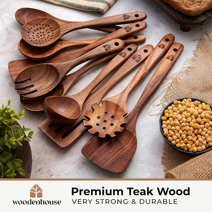 Wooden Spoons for Cooking – 10 Pcs Non Toxic Teak Kitchen Utensils Set