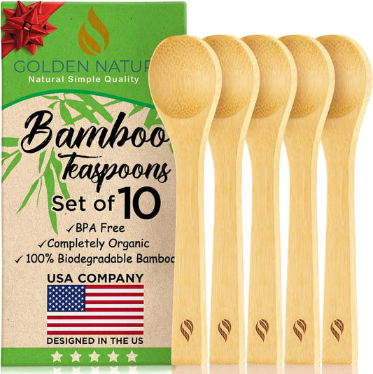 Golden Nature 30-Piece Bamboo Wooden Spoon Set - Mini Scoop, Rounded Handle, Flatware Style Stirring Spoons for Sugar, Coffee, Dessert - Lightweight Kitchen Cutlery Utensils