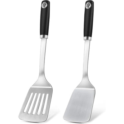 2 count Stainless Steel Spatulas Set, Metal Spatula Solid & Slotted Turner, Heavy Duty Sturdy Spatula for Kitchen Use, High Heat Resistant Cooking Utensils for Fish Eggs Pancakes, Easy to Clean,