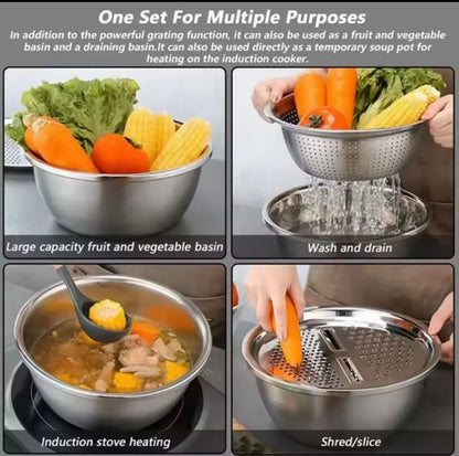 3PCS Multi-Functional Thickened Stainless Steel Bowls with Draining Basket – Perfect for Washing Veggies, Rinsing Rice, Colander & Mixing Bowl, Durable Rust-Proof, Space-Saving Nesting Design, Dishwasher Safe, Essential Versatile Kitchen Set