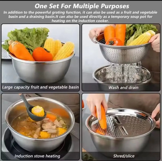 3PCS Multi-Functional Thickened Stainless Steel Bowls with Draining Basket – Perfect for Washing Veggies, Rinsing Rice, Colander & Mixing Bowl, Durable Rust-Proof, Space-Saving Nesting Design, Dishwasher Safe, Essential Versatile Kitchen Set