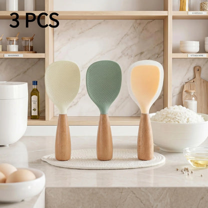 3 PCS Silicone Spoon with Wooden Handle, Heat-Insulation & Heat-Resistant Multifunctional Spatula Spoon for Rice Cooker, Practical Kitchen Tool for Home & Restaurant, Kitchen Cooking Accessories, Wooden Cooking Tools, Kitchen Utensils-YY1