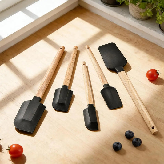 5 count  Spatula Set with Wooden Handle, High Heat Resistant Non Stick Kitchen Spatulas,   Grade  Utensils for Cooking Baking Mixing Jar Scraping, Black