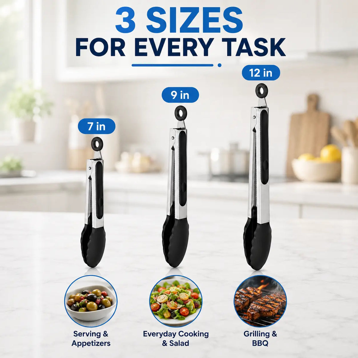 3Pcs Kitchen Tongs Set, 7/9/12 Inch Stainless Steel Cooking Tongs with Silicone Tips, Locking Food Tongs for Grilling, BBQ, Salad & Serving