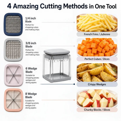 Durable 4-in-1 Vegetable Slicer. Sharp blades cut uniformly sliced veggies. Transparent container, easy to operate. Must-have tool!