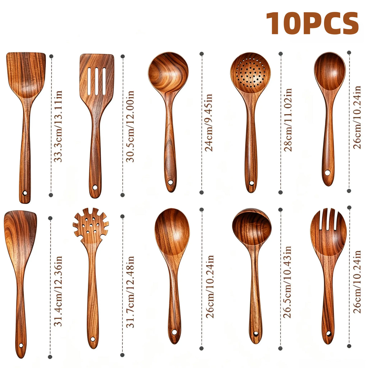 10-Piece Premium Acacia Wood Kitchen Utensils Set, Heat-Resistant Non-Scratch Smooth Spoons, Spatulas & Tongs, Safe for Non-Stick Cookware, Easy-to-Clean Durable Kitchen Gadgets (Mani or Small-Leaf Acacia Wood Options)