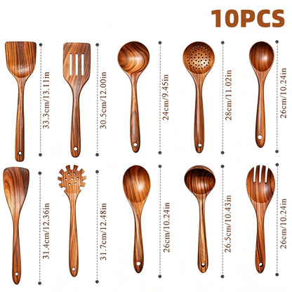 10-Piece Premium Acacia Wood Kitchen Utensils Set, Heat-Resistant Non-Scratch Smooth Spoons, Spatulas & Tongs, Safe for Non-Stick Cookware, Easy-to-Clean Durable Kitchen Gadgets (Mani or Small-Leaf Acacia Wood Options)