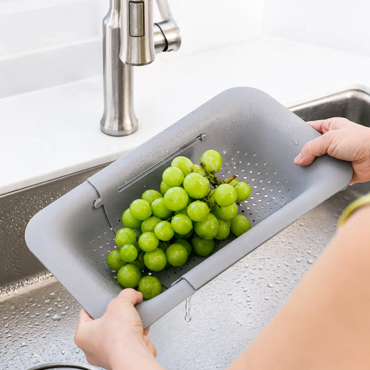 Plastic Expandable Over-Sink Colander Basket - Adjustable Telescopic Sink Strainer, Multifunctional Kitchen Accessories, Space-Saving & Family Size Single Unit, Fast-Draining Compact for Small Kitchens Produce Rack Organizer