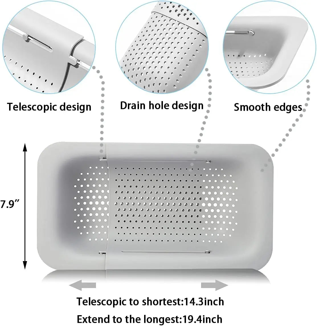 Expandable Sink Colander Basket - Lightweight Rectangular PP Plastic Adjustable Strainer for Vegetable & Fruit Washing, Drain & Rinse, Meal Prep & Everyday Use Kitchen Gadget for Home Cooks with Handles