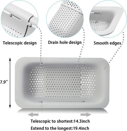 Expandable Sink Colander Basket - Lightweight Rectangular PP Plastic Adjustable Strainer for Vegetable & Fruit Washing, Drain & Rinse, Meal Prep & Everyday Use Kitchen Gadget for Home Cooks with Handles