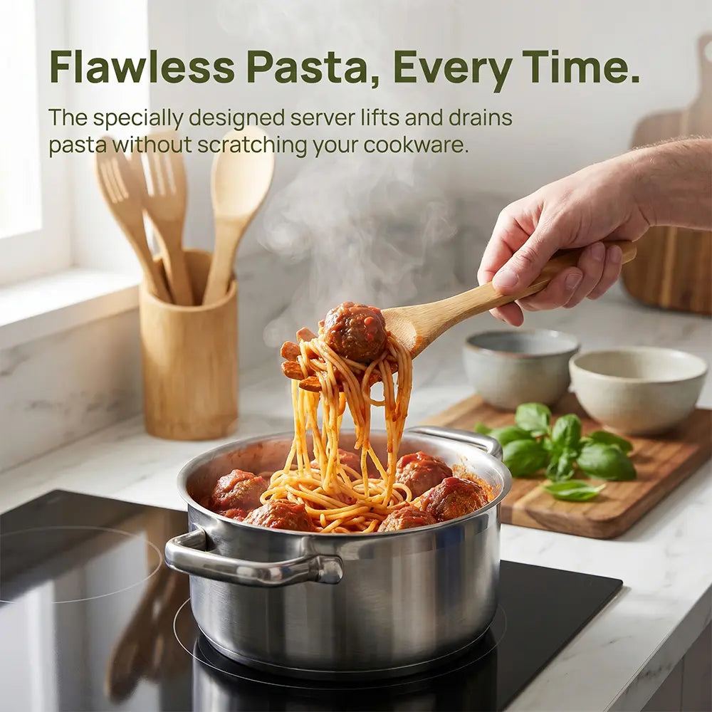 9 Pcs Bamboo Cooking Utensils Set - Nonstick Kitchen Tools with Smooth Finish, Includes Spatula, Slotted Turner, Soup Ladle, Solid Spoon, Scraper, Tongs, Strainer with Round Holes, Healthy Wooden Utensils