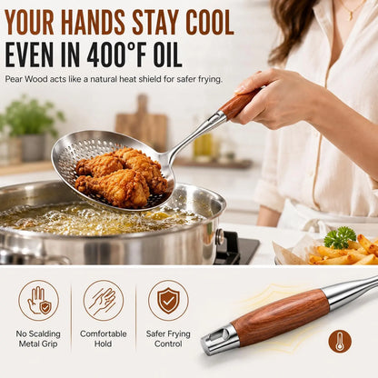 Wooden Handle Stainless Steel Skimmer, Skimmer Slotted Spoon, Ladle Spoon with Heat-Resistant Long Handle, Extra Thick Spider Strainer for Deep Frying, Boiling & Fast Oil Draining