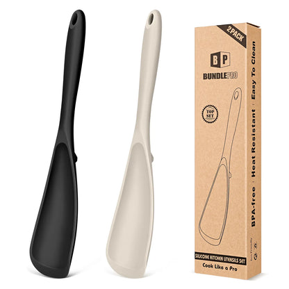 BundlePro Silicone Cooking Spoons 2-Pack - Anti-Adhesive Spatulas & Turners for Nonstick Cookware, BPA-Free Food Grade, Heat Resistant Handles Up to 446°F with Confidence, Top Stays Clean Mixing Kitchen Utensils Set