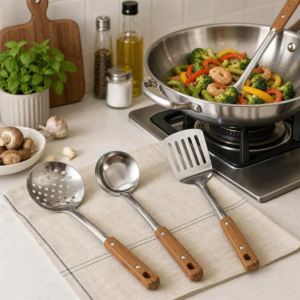 4 Packs Wok Utensils Set Stainless Steel Wok Spatula Ladle Soup with Holes Strainer Slotted Spoon for Kitchen Supplies Metal Cooking Utensils